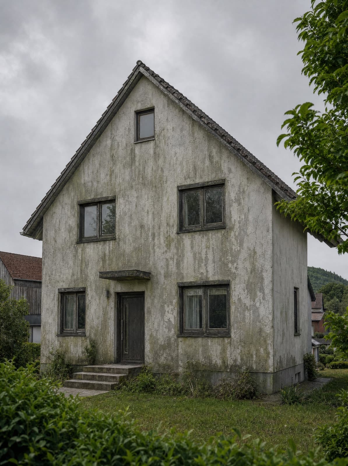 Einfamilienhaus-Fassade vor der Sanierung — verwitterter Altputz mit Algen, Rissen und Grauschleier