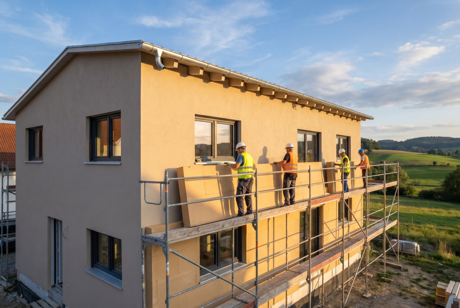 Einfamilienhaus mit Wärmedämmverbundsystem (WDVS) während der energetischen Sanierung in Oberschwaben