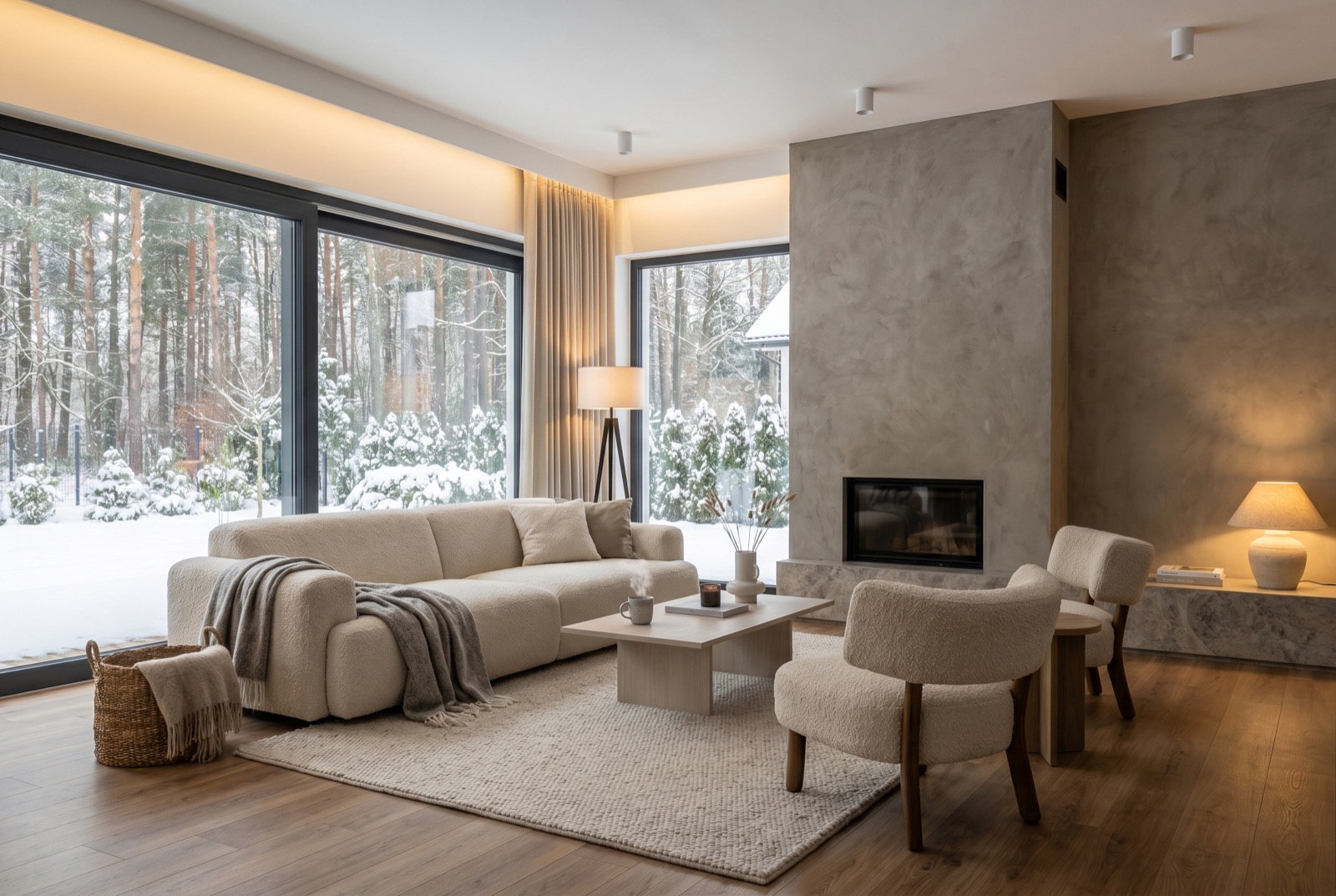 Modernes Wohnzimmer nach Komplettrenovierung mit Betonoptik-Akzentwand und Designboden im Winter